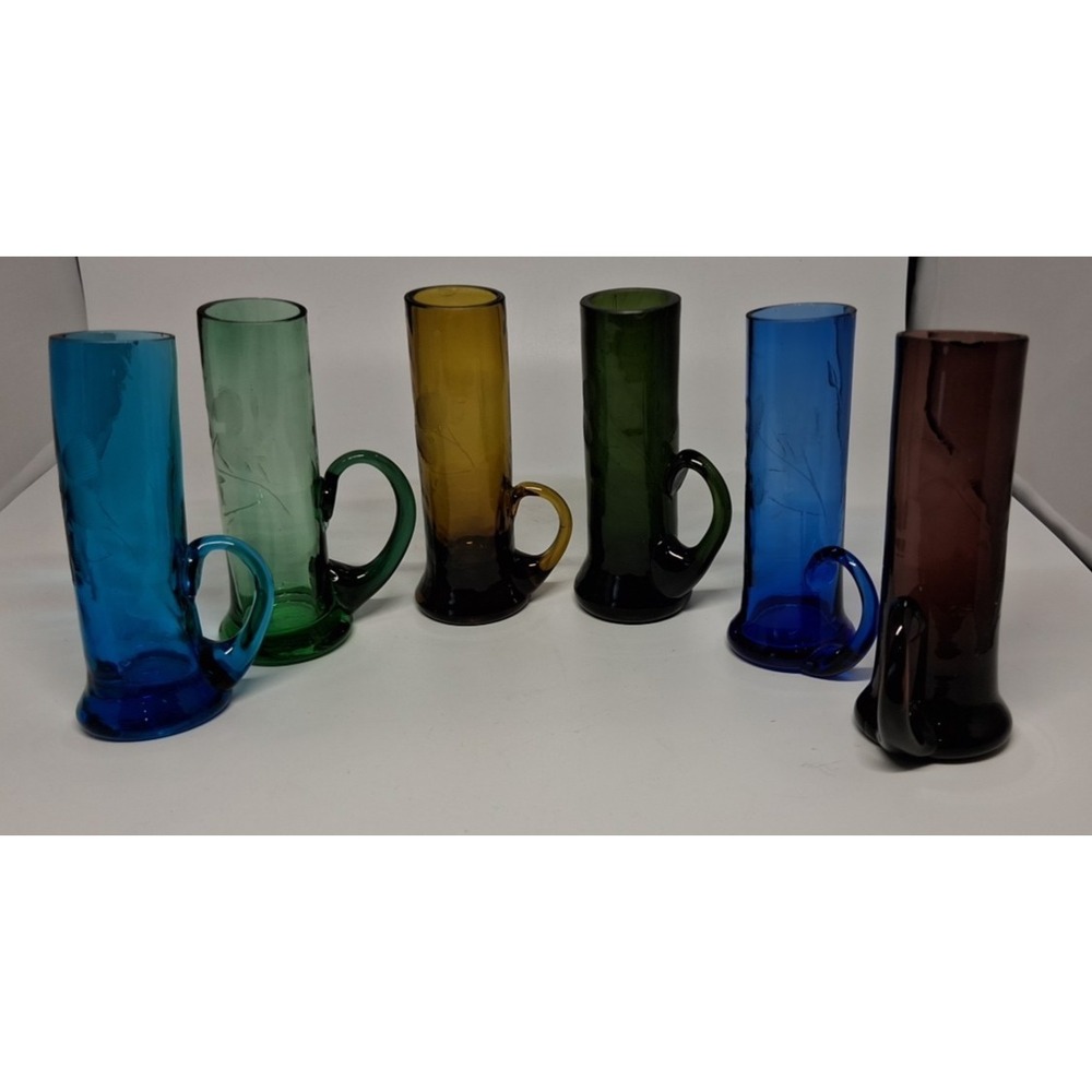 6 Vintage Handled Shot Glasses Etched Floral Design Shooter Cordial Liqueur